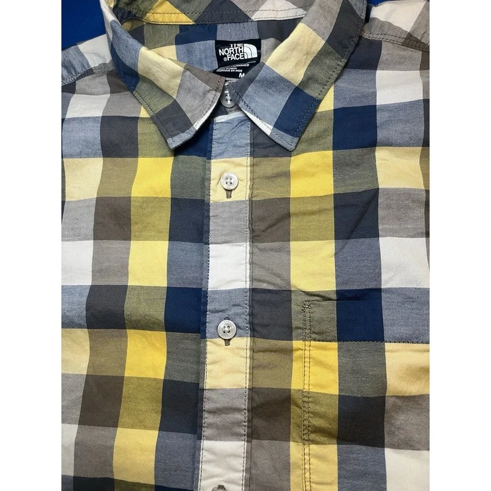 The North Face Plaid Button Front Shirt Mens Medium Yellow Blue Outdoor Hiking